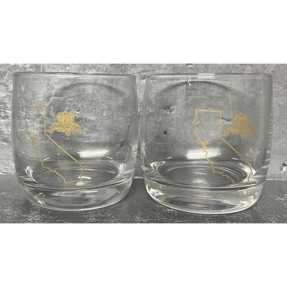 Crown Royal CALIFORNIA Crown & Pillow Gold Etch Logo Rocks Glasses Set of 2 - Picture 1 of 6